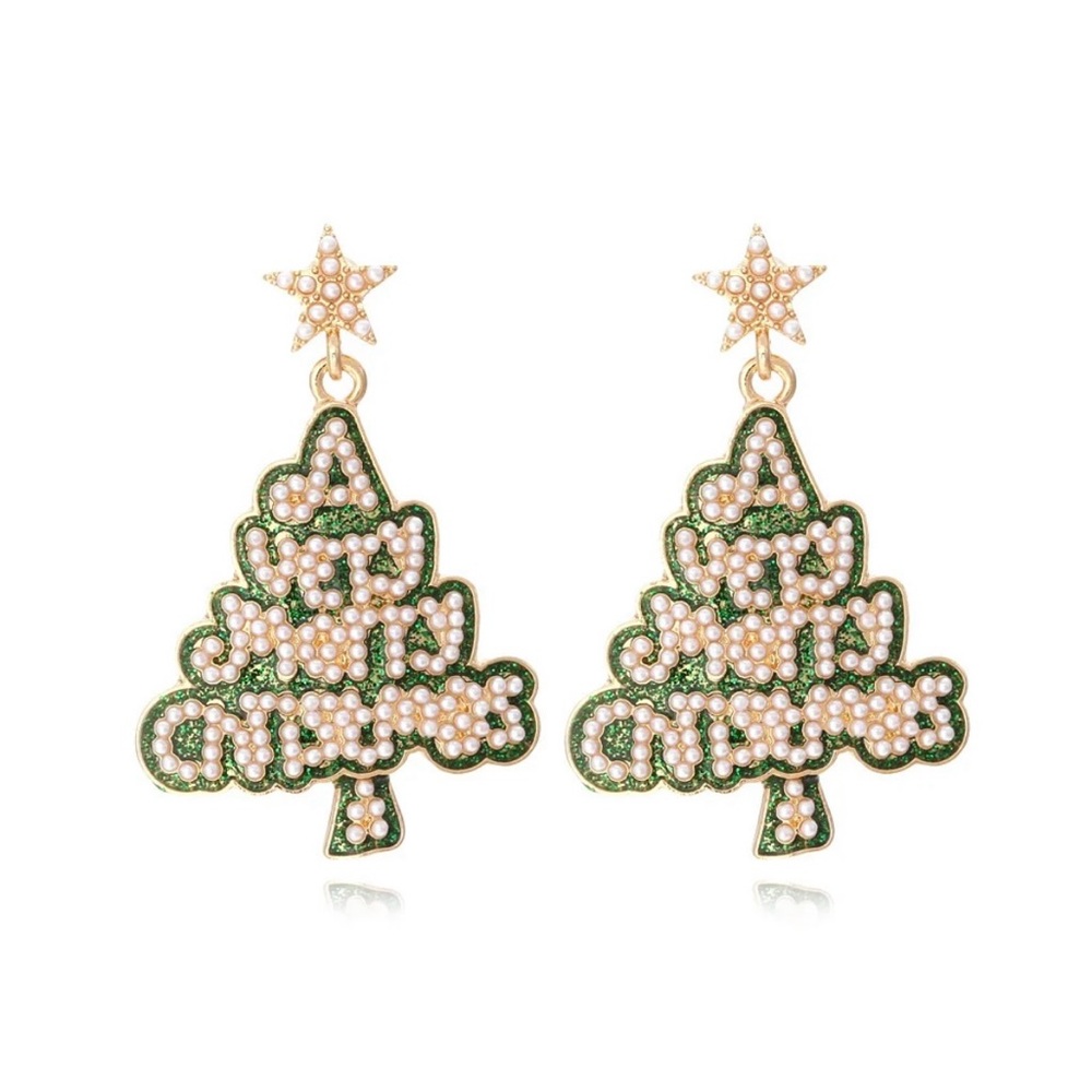 A Very Merry Christmas Tree Pearl Bead Dangle Earrings
